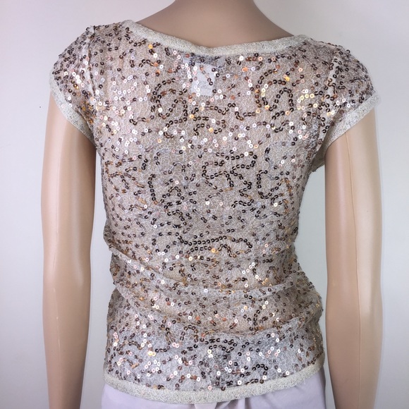 Ludi Gold Sequin Sheer Mesh Cap-Sleeve Top - Picture 2 of 4